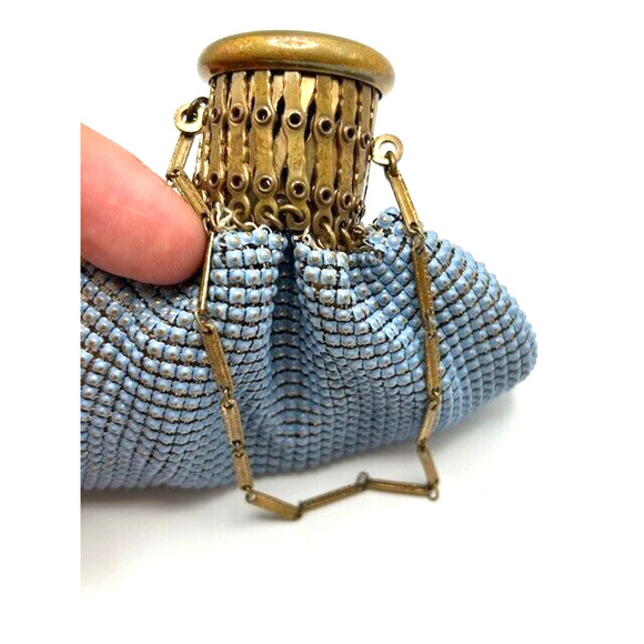 Vtg Antique Evening Purse Expandable Top Gold Mesh Beaded Beggars Bag Blue - Picture 9 of 14